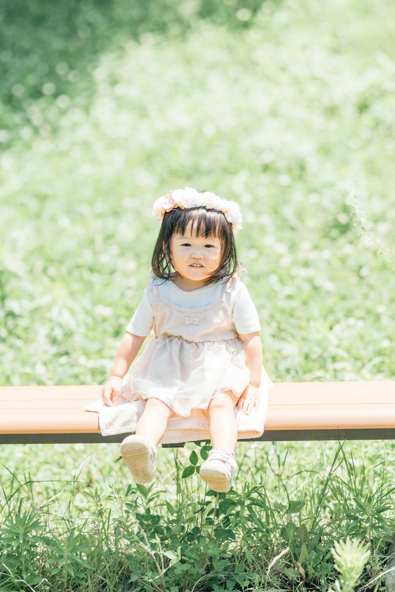 花かんむりをつけて草地のベンチに座る女の子の家族写真