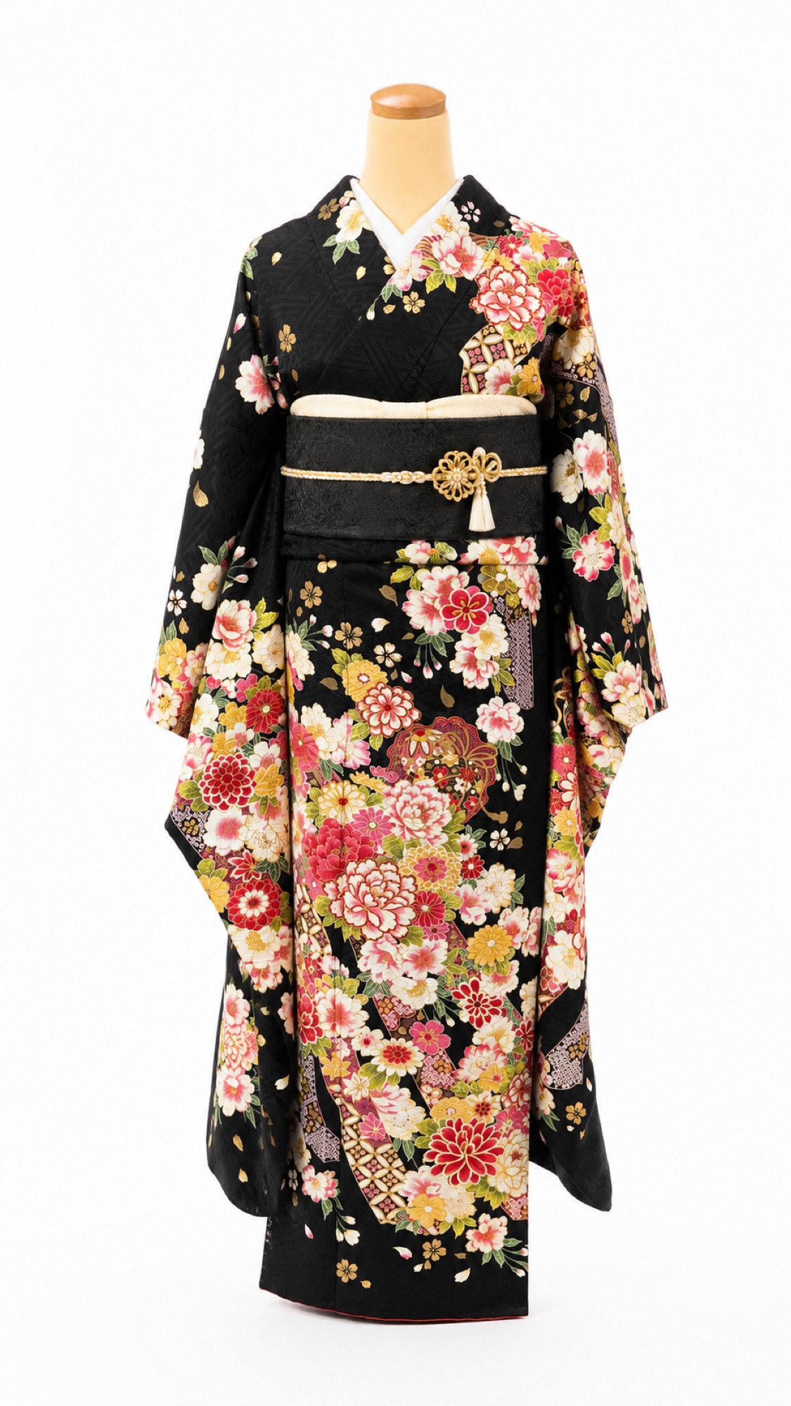 プレミアム振袖 FP-104 黒地に牡丹と桜の花盛り