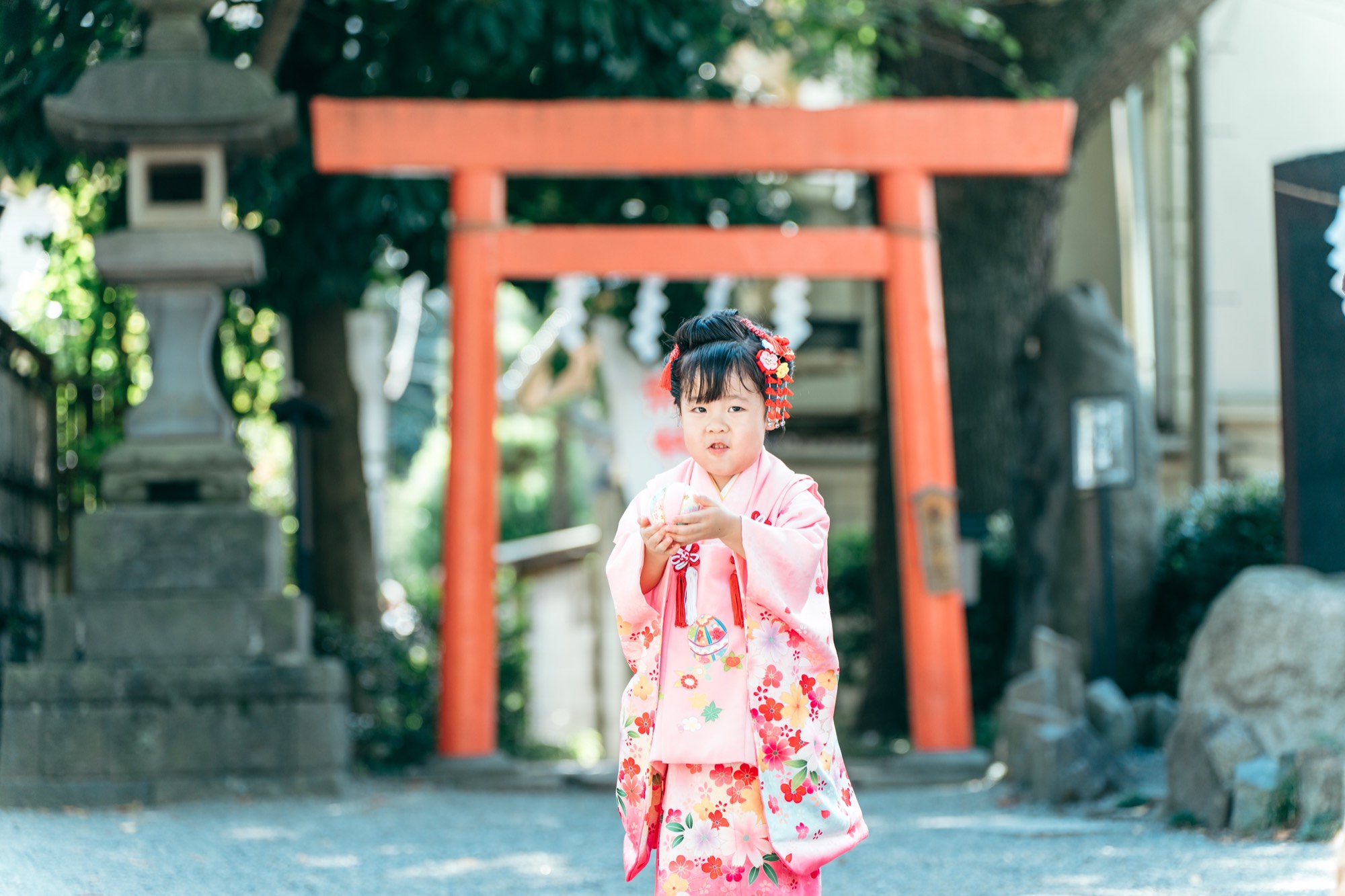 田無神社の朱色の鳥居の前で撮影した七五三・3歳の女の子